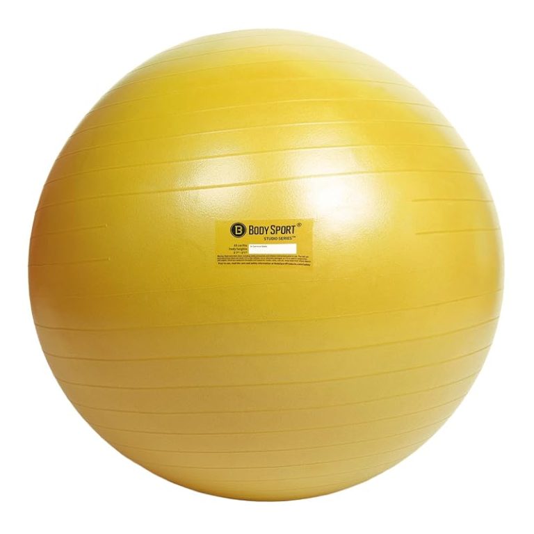Yellow 65 cm exercise ball with a hand pump