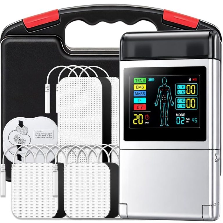 TENS and EMS muscle stimulator with colour screen and electrode pads